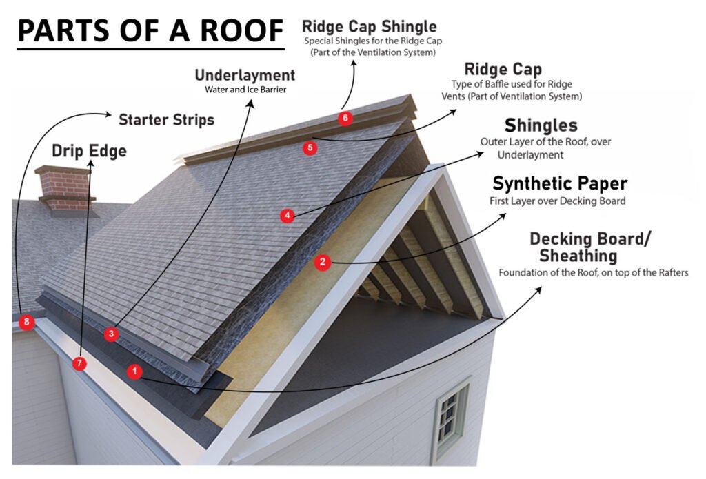 parts-of-a-roof-shingles Cross-section of roofing layers showing architectural shingles, underlayment, and decking.